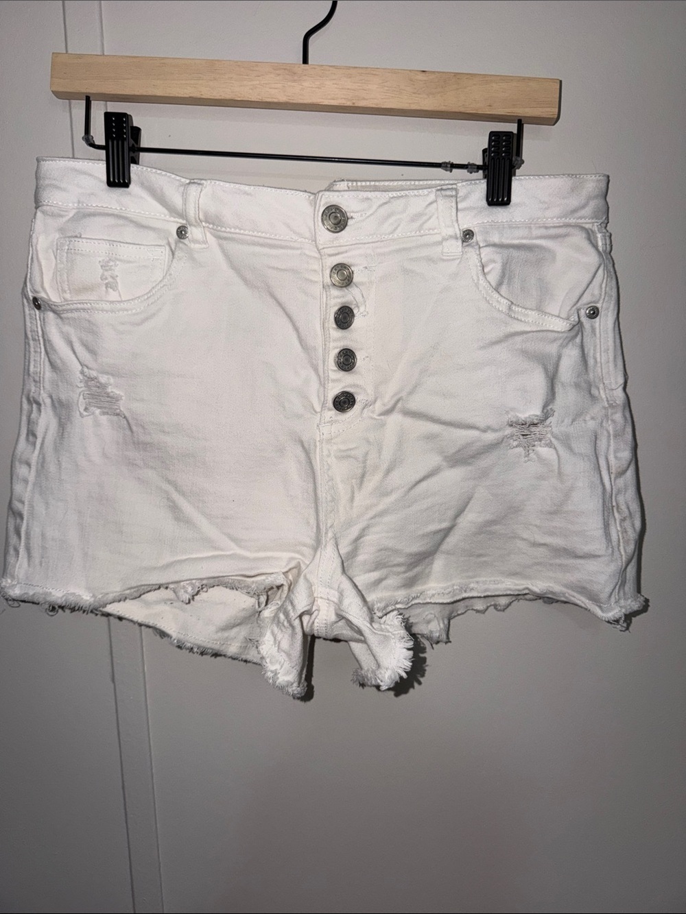 refuge White High-Rise Button-Fly Distressed Denim Shorts